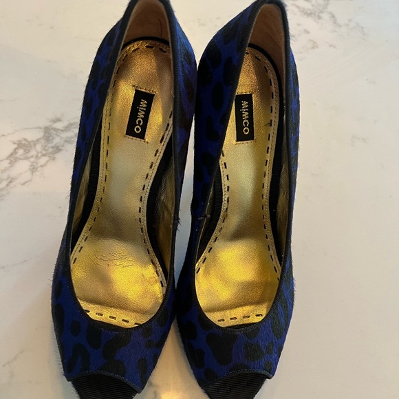 Mimco royal blue and black leopard print pony hair peep toe platforms si… - Picture 6 of 9